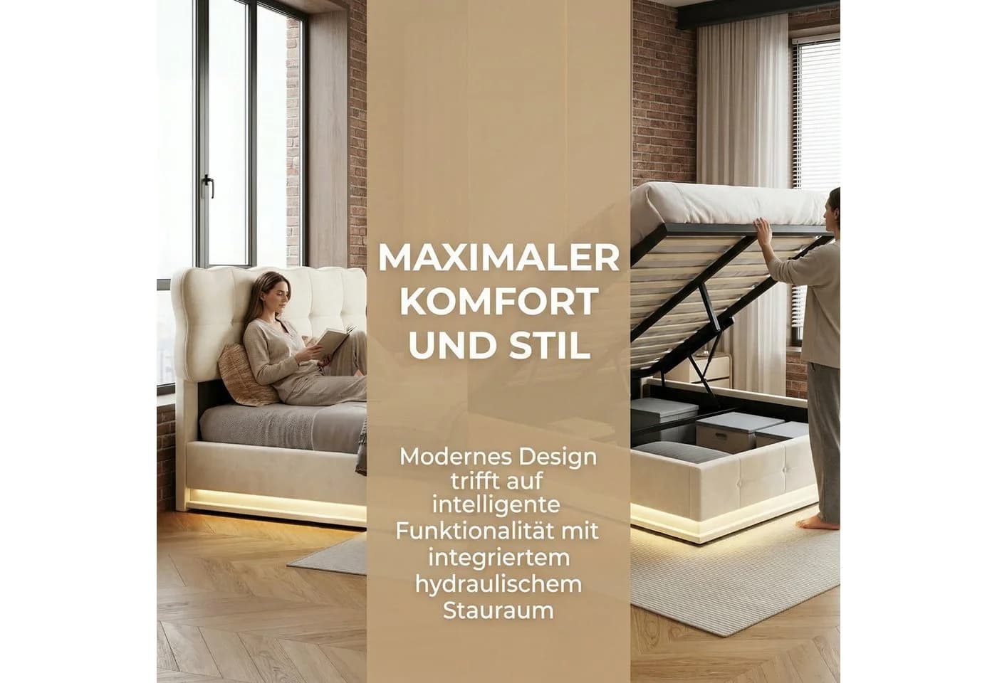 PXloue Polsterbett mit LED & Bettkasten Beige Samt - Bild 4