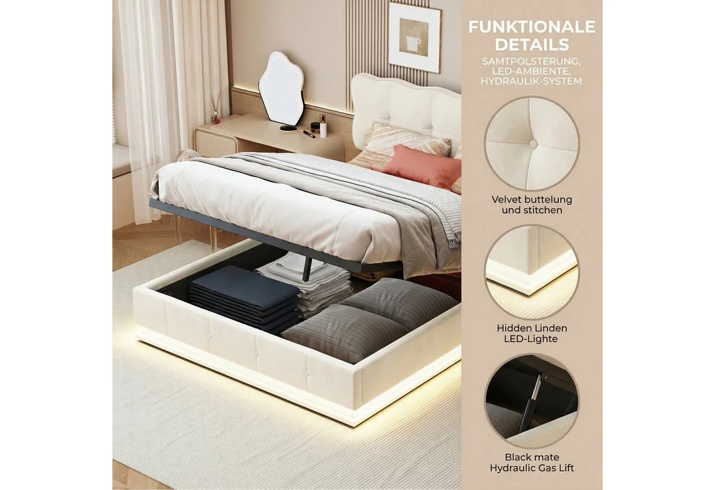 PXloue Polsterbett mit LED & Bettkasten Beige Samt - Bild 5
