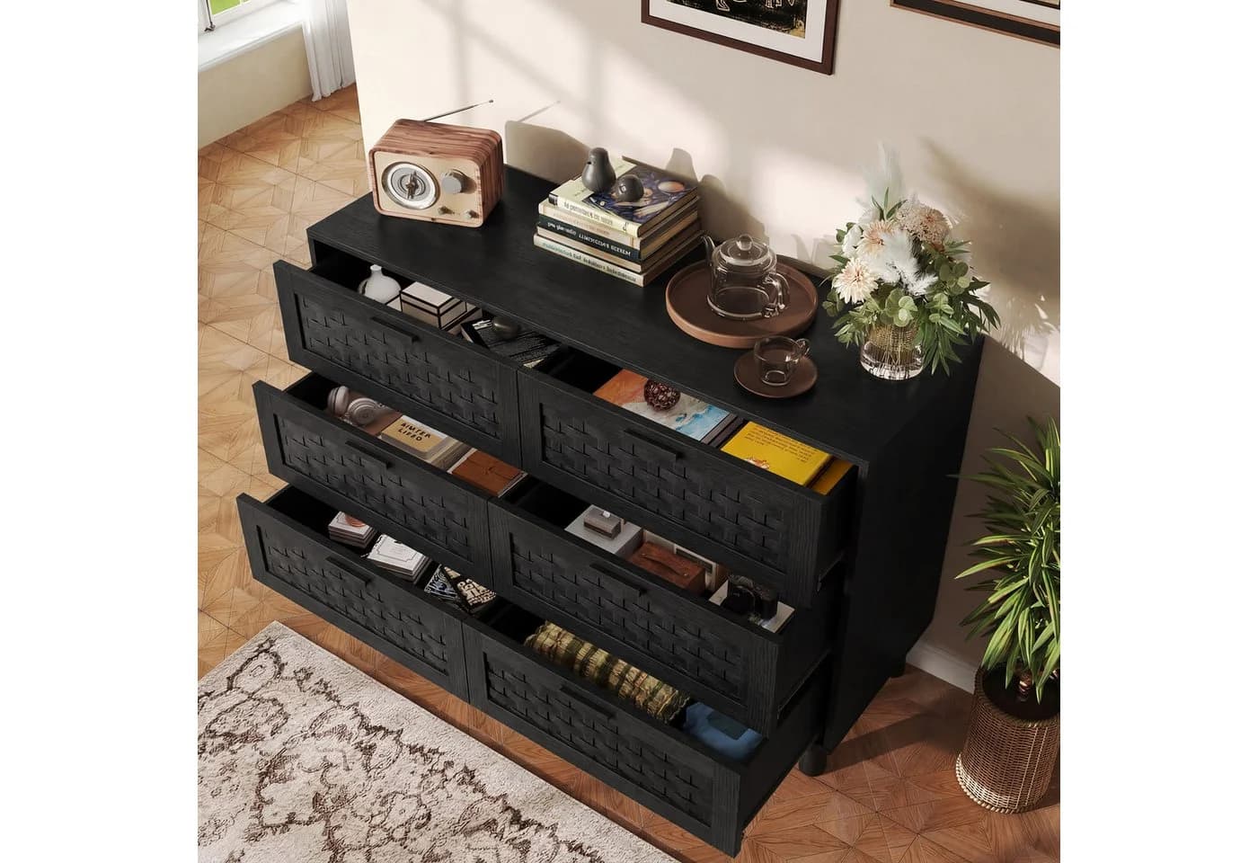 Furnishings Home Kommode 6 Schubladen Rattan-Design Vintage