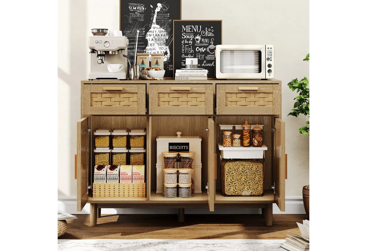 Furnishings Home Sideboard Rattan-Optik Beige