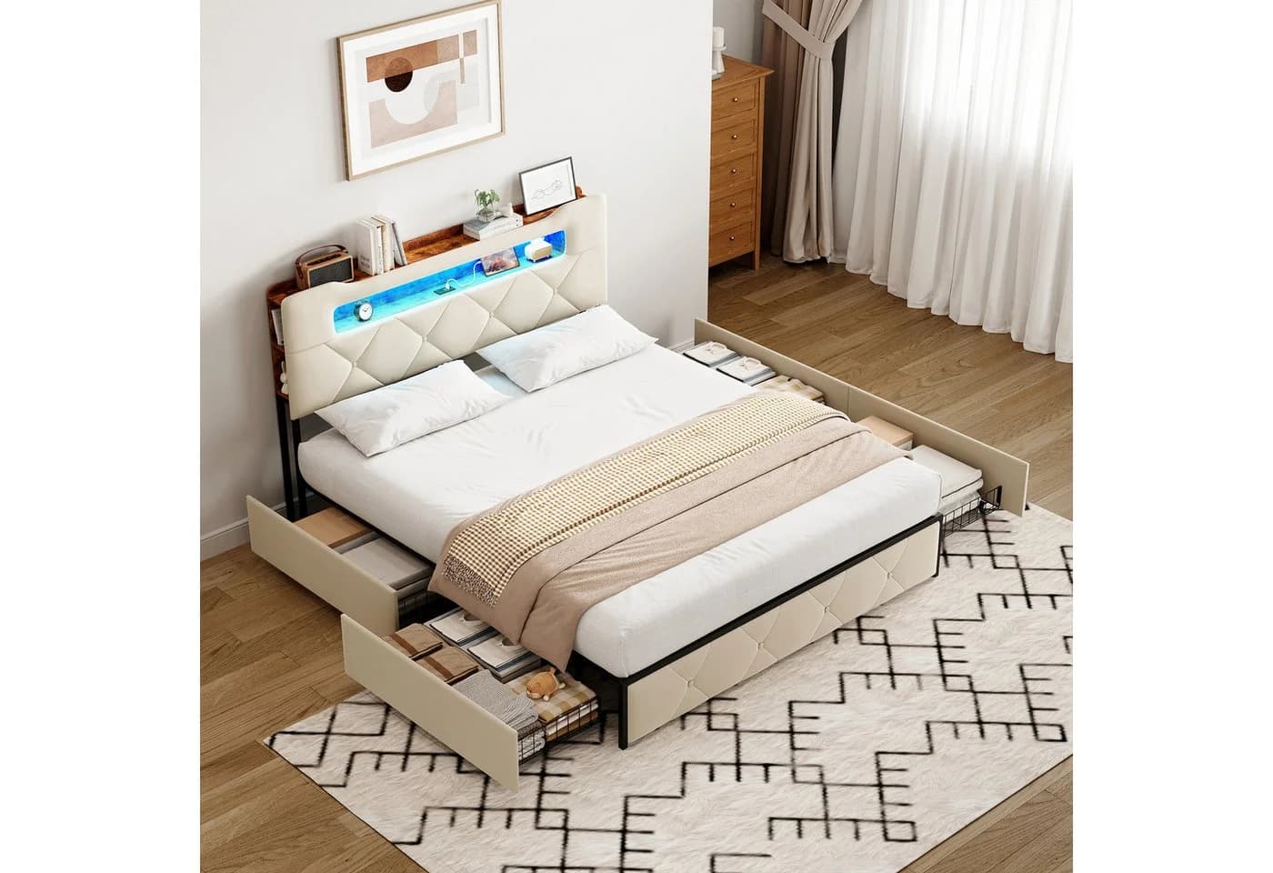 Furnishings Home LED Polsterbett Doppelbett 160x200cm 4 Schubladen