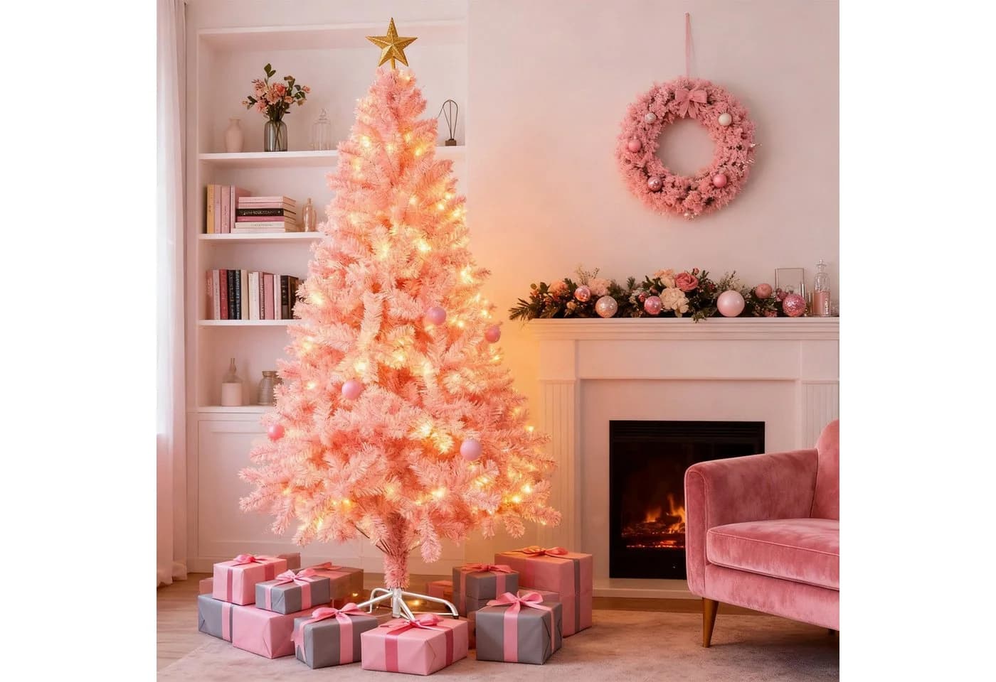 SunJas Künstlicher Weihnachtsbaum Grün/Rosa/Weiß mit Ständer - Bild 3
