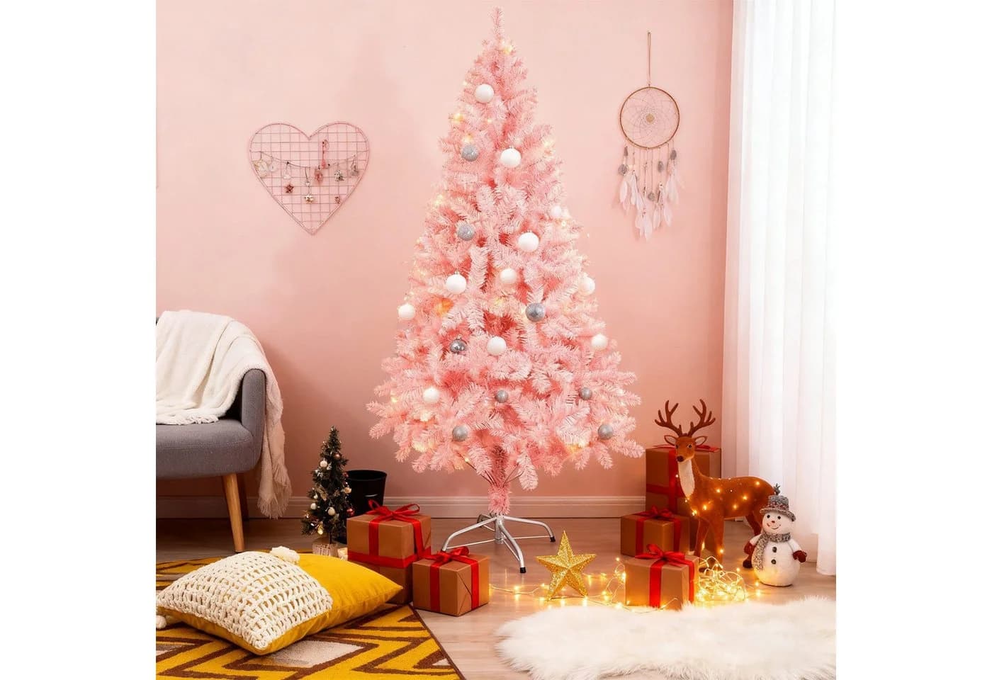 SunJas Künstlicher Weihnachtsbaum Grün/Rosa/Weiß mit Ständer - Bild 4