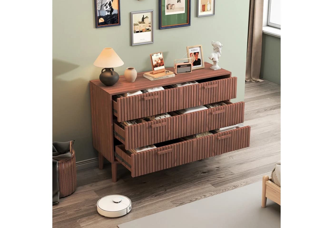 PXloue Kommode 6 Schubladen Braun Holz Sideboard