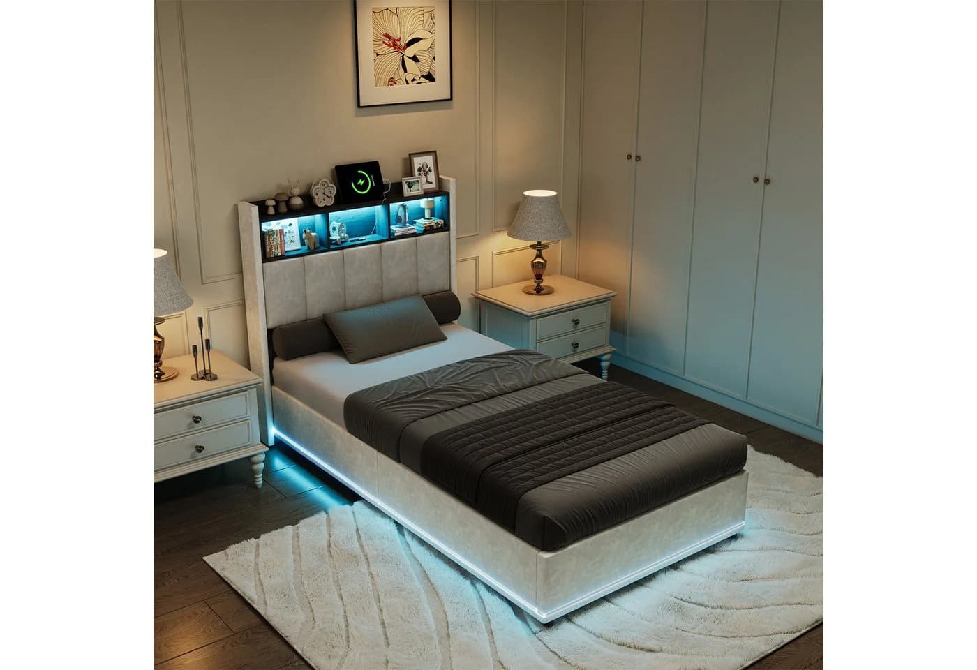 PXloue Polsterbett LED Einzelbett 90x200cm mit Ladefunktion