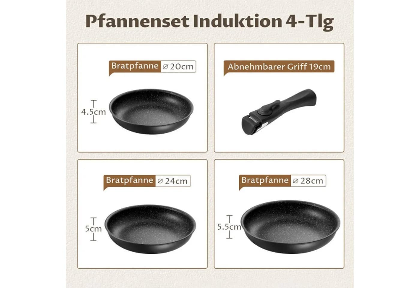 SunJas Pfannenset 3-tlg. Aluminium mit abnehmbarem Griff - Bild 4