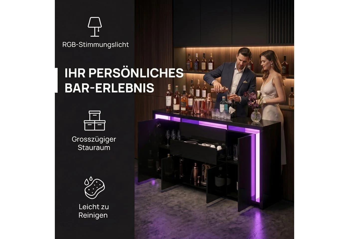 PXloue Kommode Hochglanz Sideboard LED-Ambientebeleuchtung 160 cm
