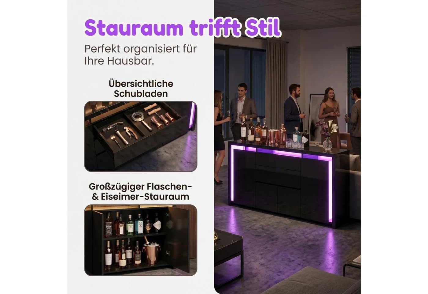 PXloue Kommode Hochglanz Sideboard LED-Ambientebeleuchtung 160 cm - Bild 3