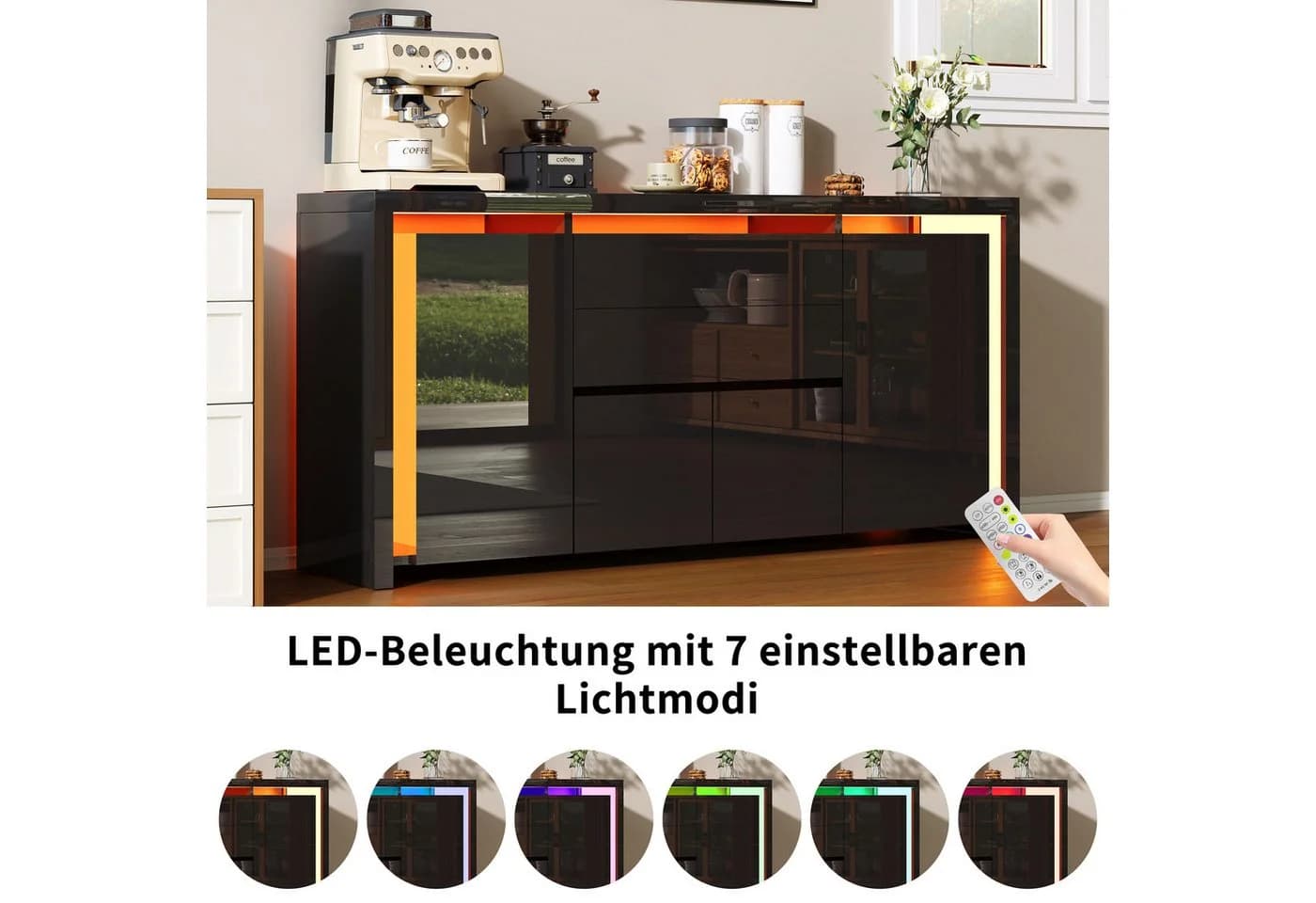PXloue Kommode Hochglanz Sideboard LED-Ambientebeleuchtung 160 cm - Bild 4
