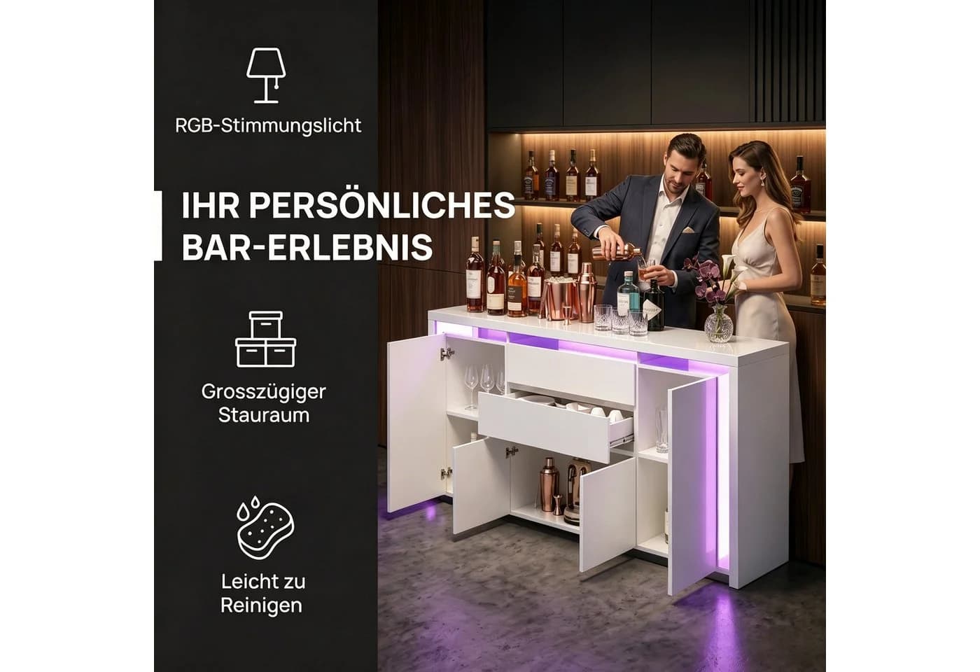 PXloue Kommode Hochglanz Sideboard LED-Beleuchtung 160 cm