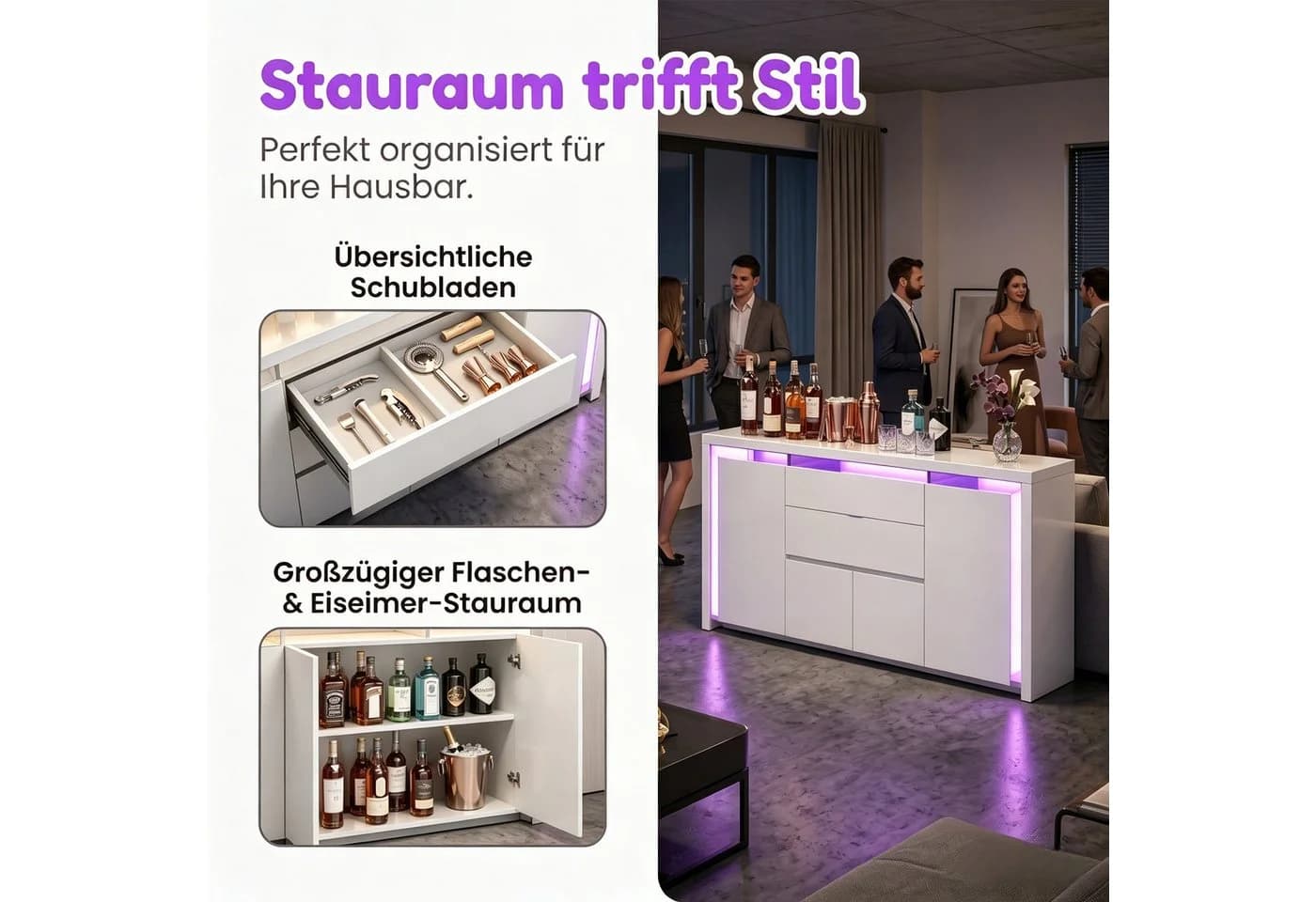 PXloue Kommode Hochglanz Sideboard LED-Beleuchtung 160 cm - Bild 5