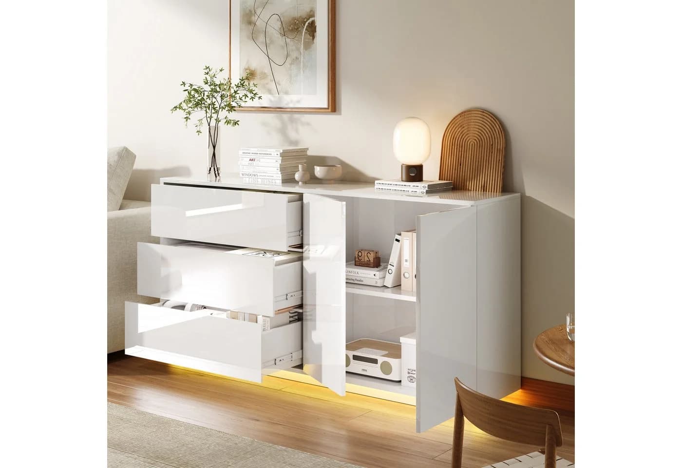 PXloue Sideboard Hochglanz Kommode LED-Ambientebeleuchtung 160 cm