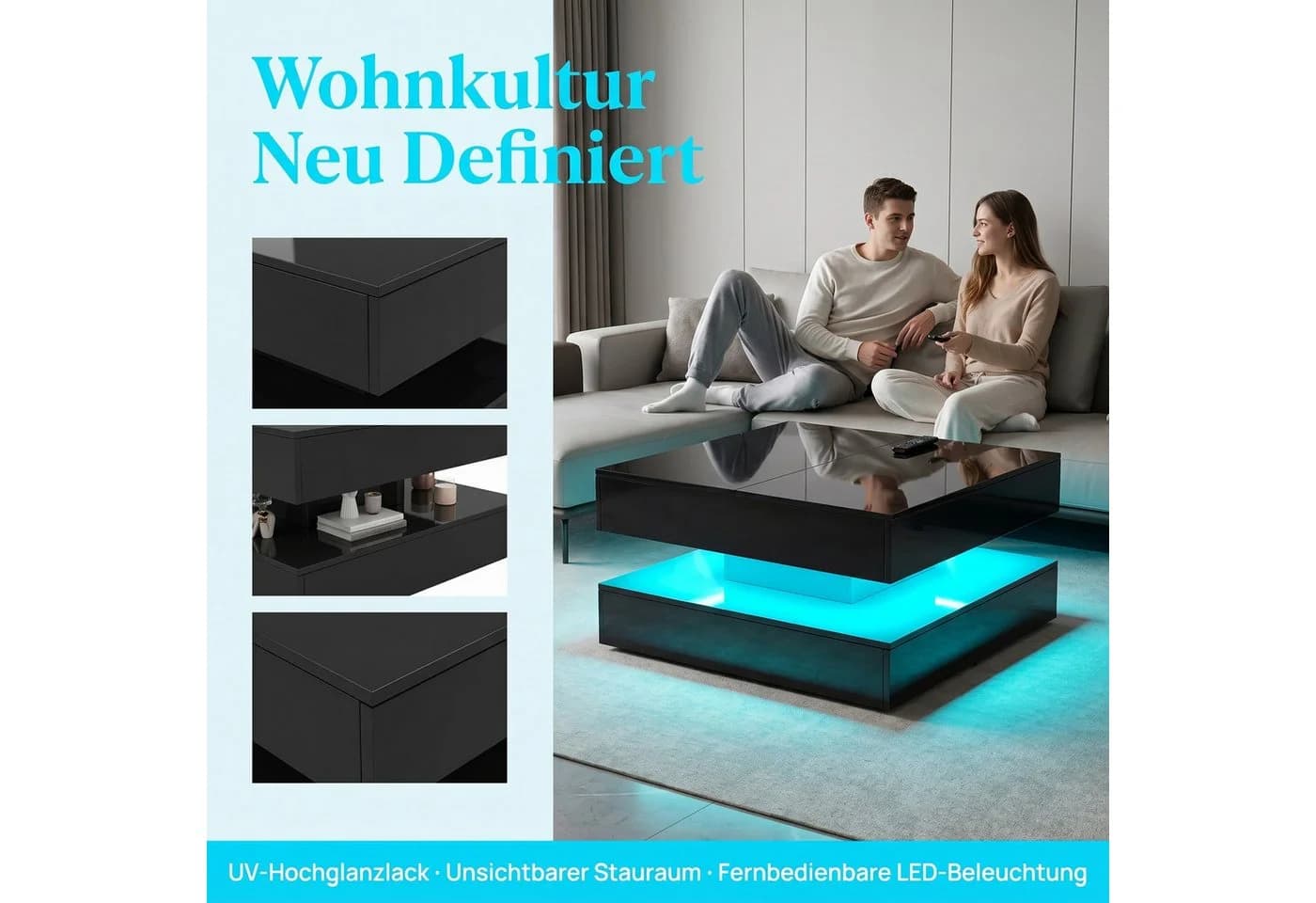 PXloue Couchtisch LED-Couchtisch mit Stauraum und modernem Design