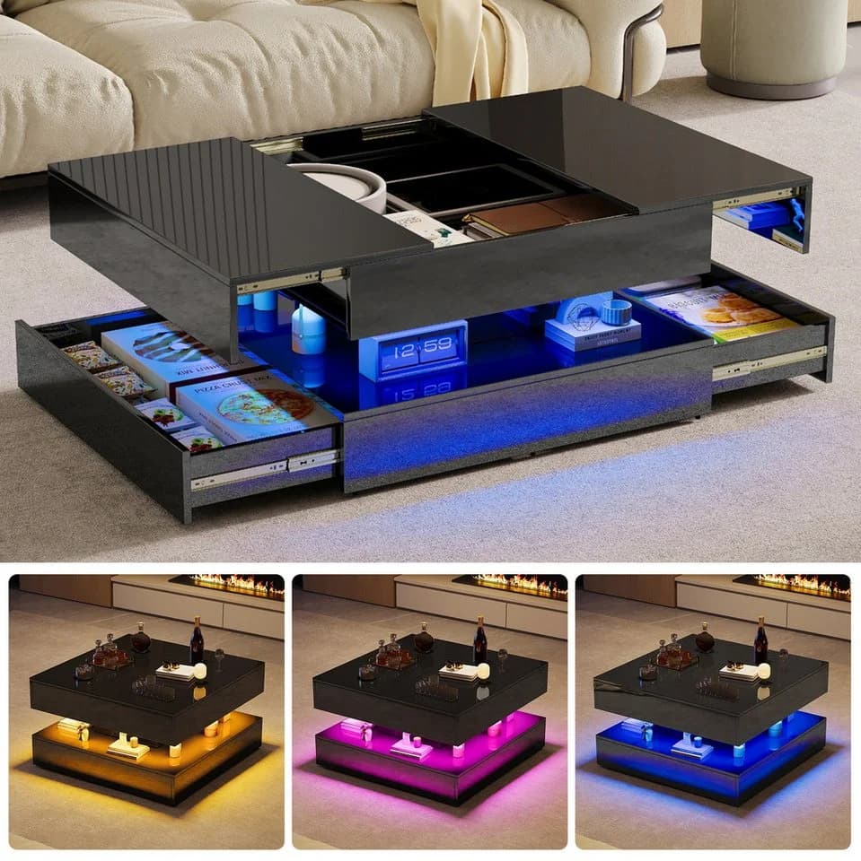 PXloue Couchtisch LED-Couchtisch mit Stauraum und modernem Design - Bild 2