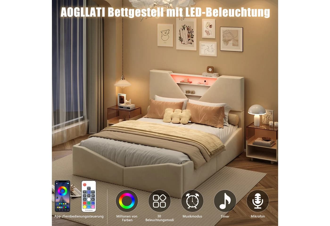 Gdood Polsterbett mit LED und Stauraum Samt 140x200 - Bild 4