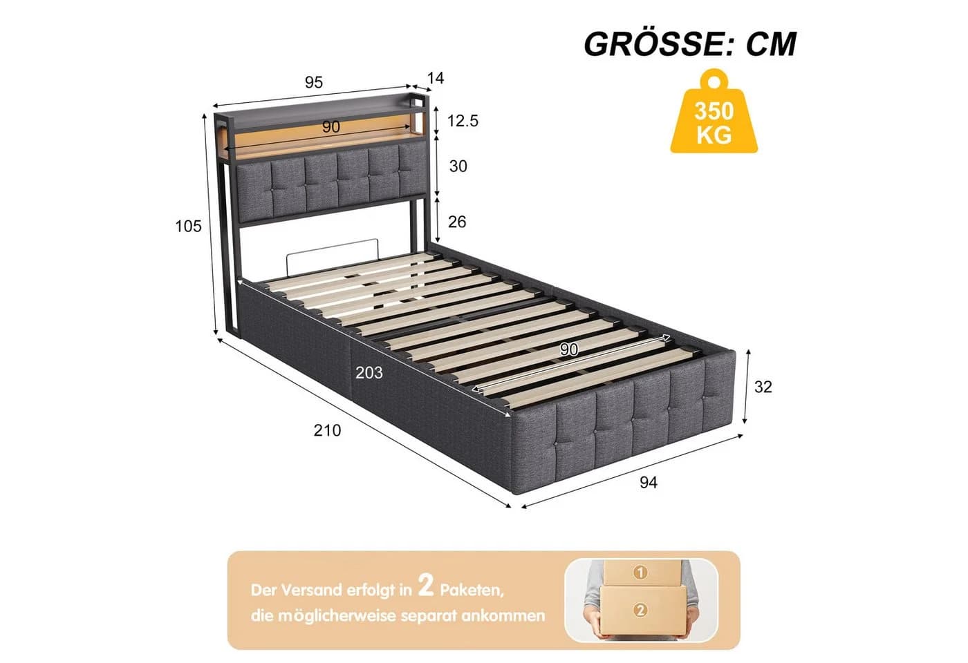 Gdood LED Polsterbett 90x200 cm Mit Stauraum - Bild 3