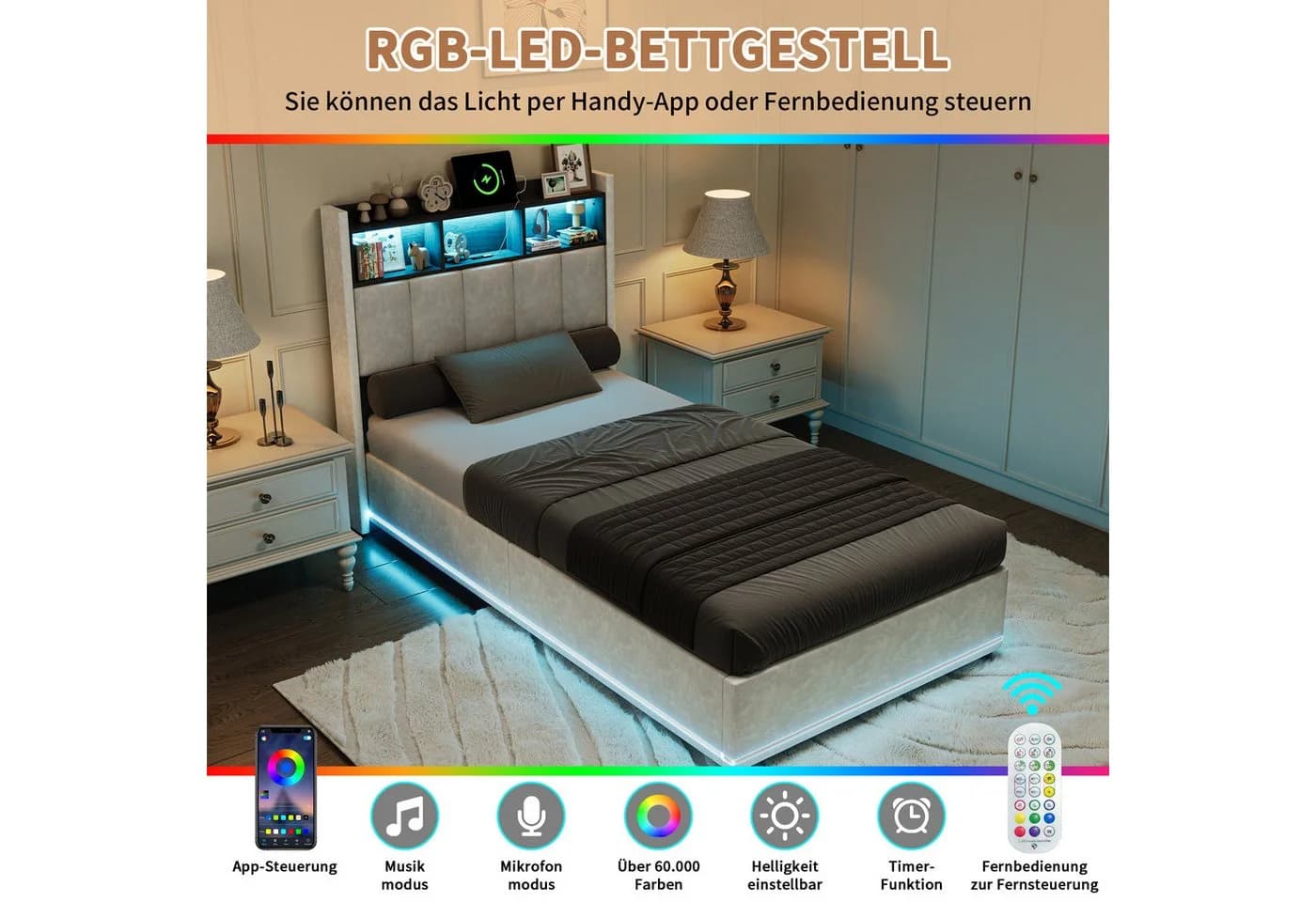 Gdood LED Polsterbett Stauraumbett 90x200 cm Samt - Bild 5