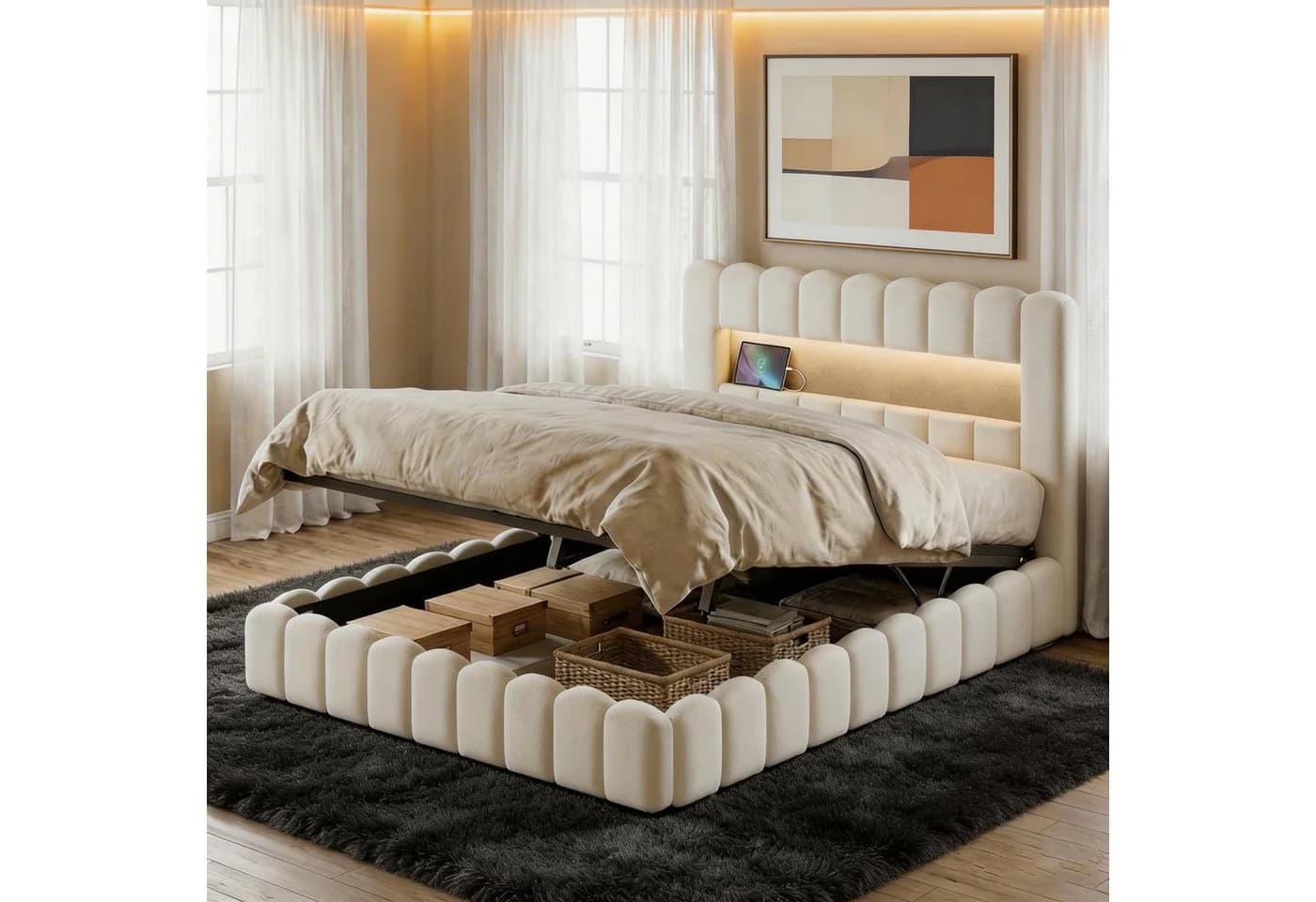 PXloue LED Polsterbett Doppelbett Jugendbett Bettkasten USB-Anschluss 140x200 cm - Bild 2