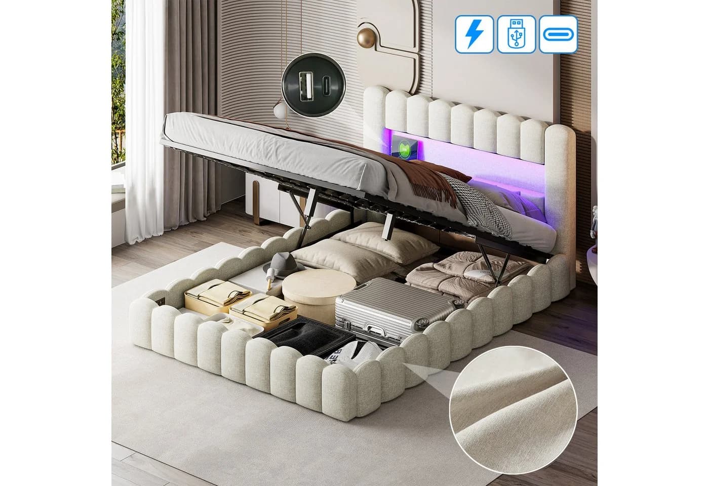 PXloue LED Polsterbett Doppelbett Jugendbett Bettkasten USB-Anschluss 140x200 cm - Bild 3