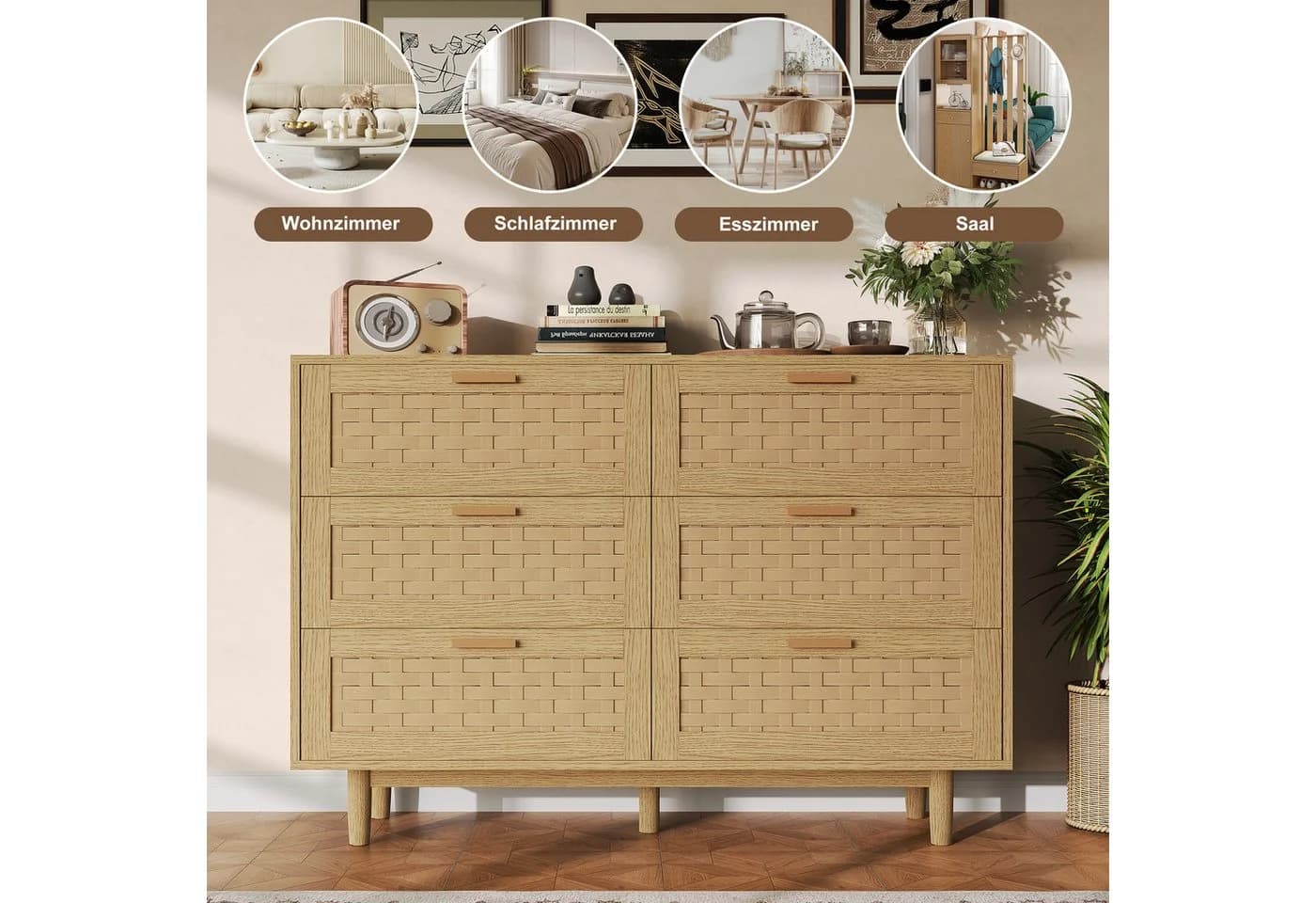 PXloue Sideboard Rattan Beige 6 Schubladen - Bild 4