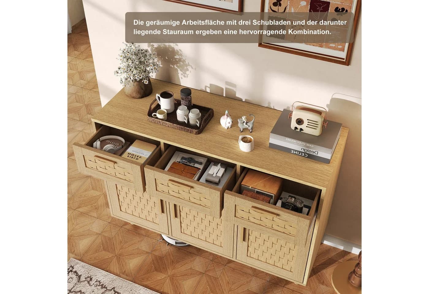 PXloue Sideboard Rattan Beige 110x80x40 cm
