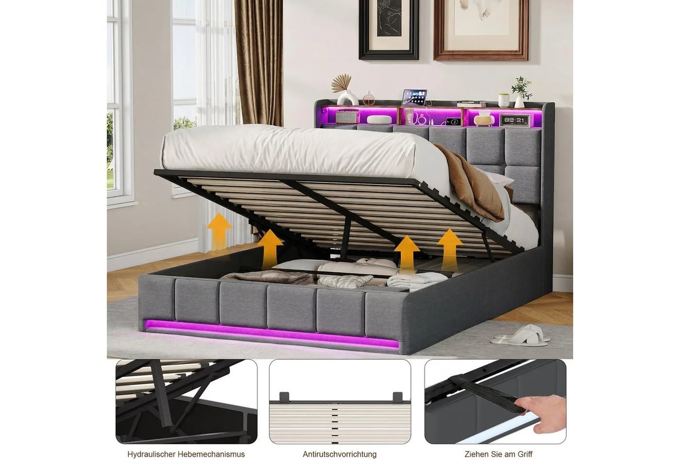 Furnishings Home Polsterbett mit LED und Stauraum Grau - Bild 5