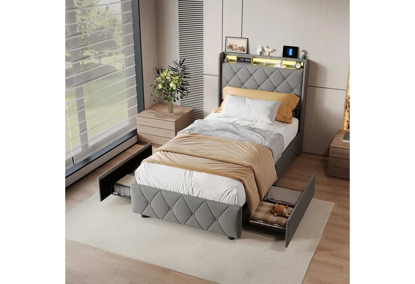Furnishings Home Stauraumbett Polsterbett LED 90x200cm Samt Modern