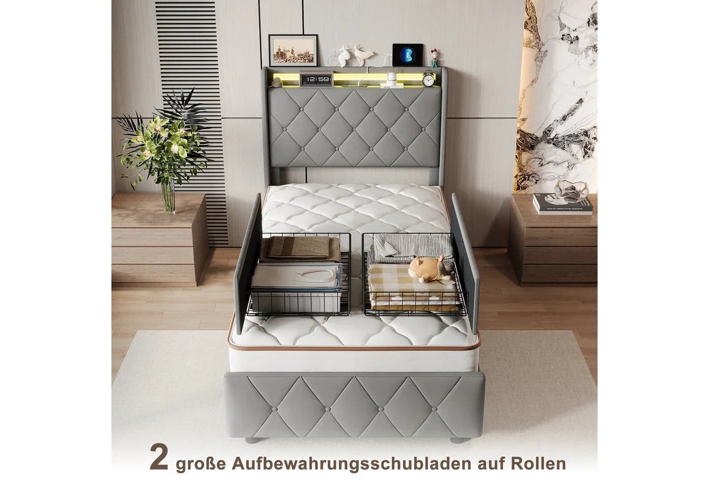 Furnishings Home Stauraumbett Polsterbett LED 90x200cm Samt Modern - Bild 3