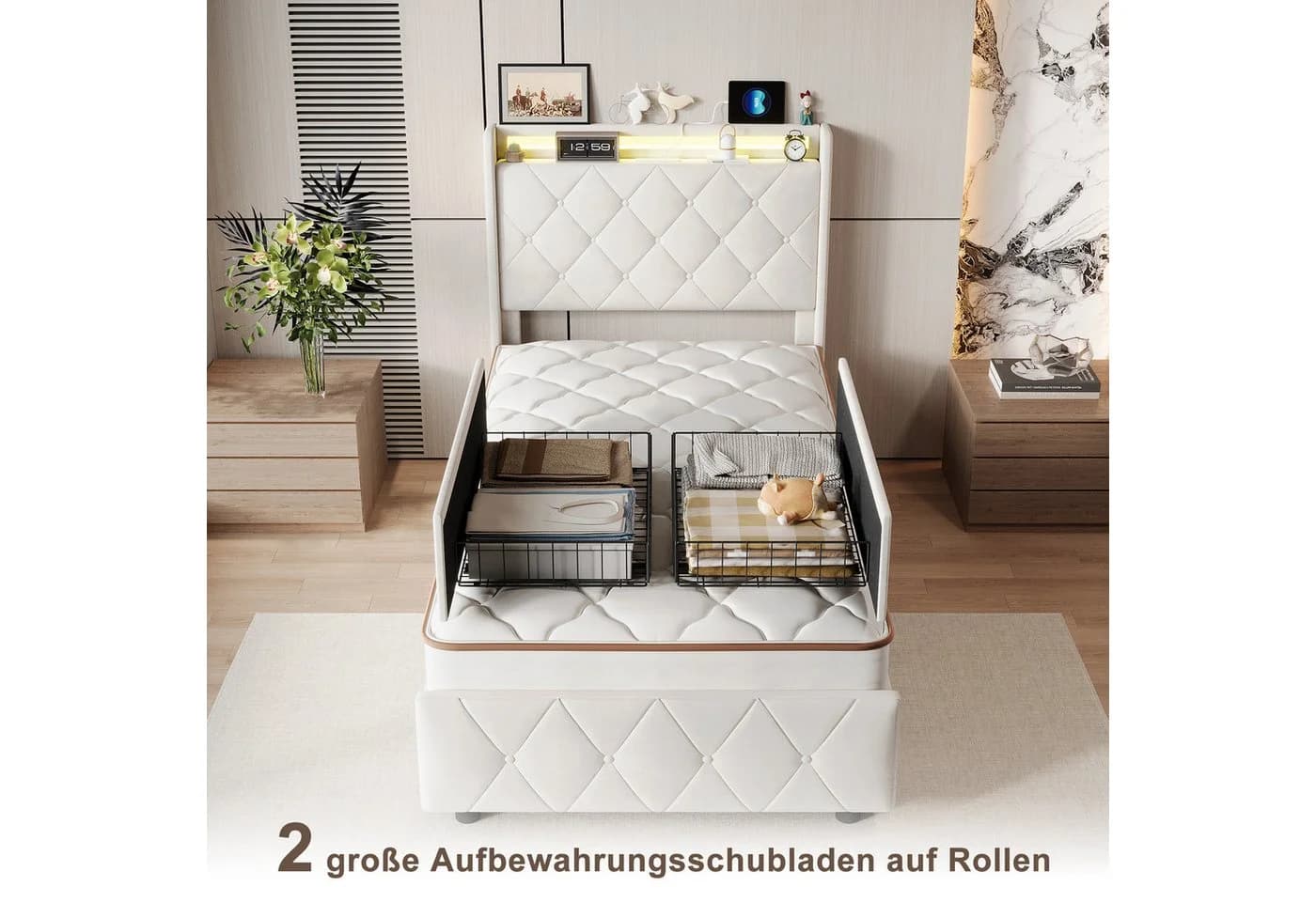 Furnishings Home LED Polsterbett Beige Samt