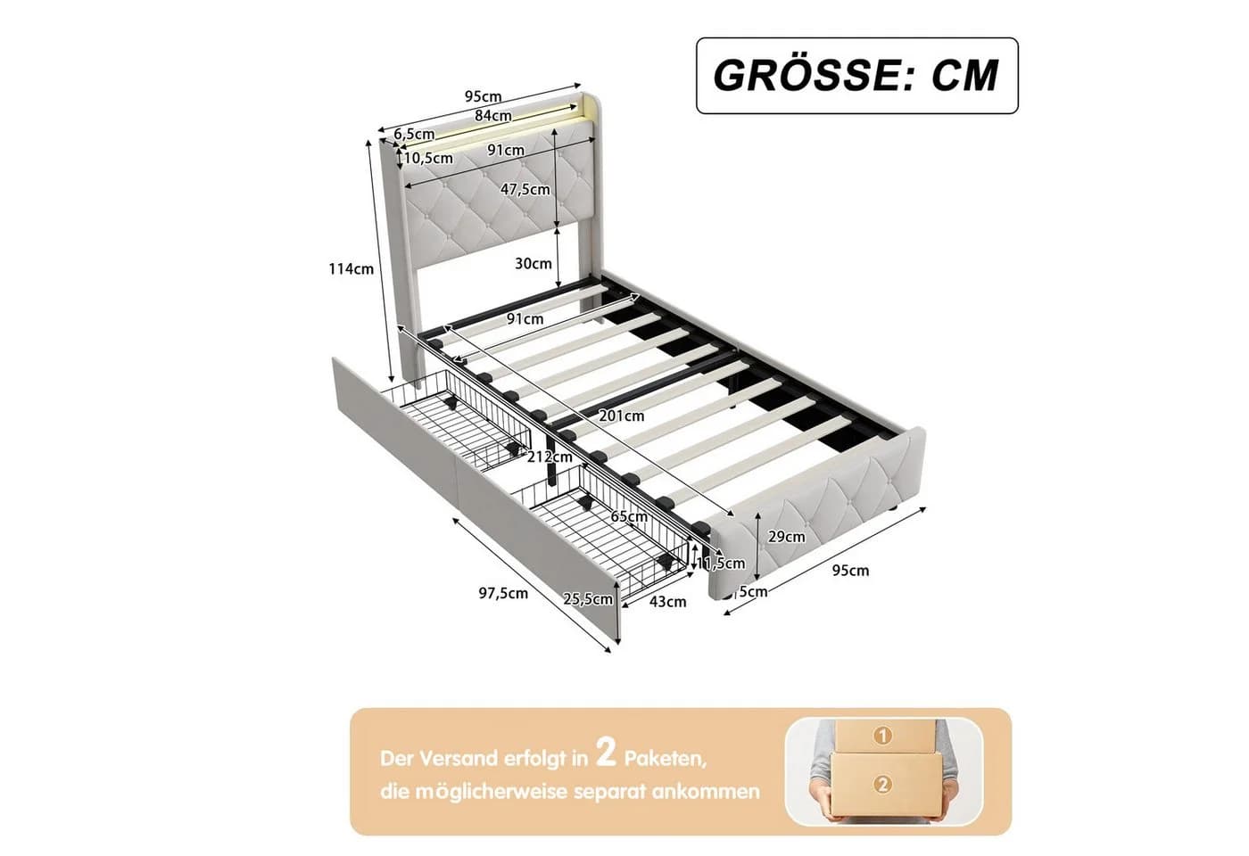 Furnishings Home LED Polsterbett Beige Samt - Bild 4
