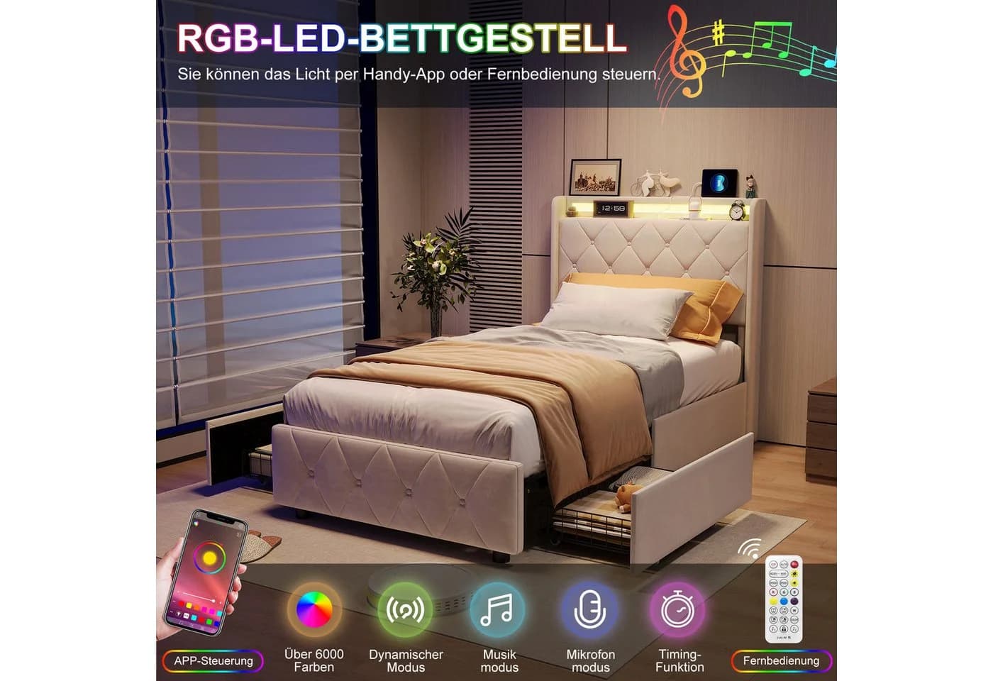 Furnishings Home LED Polsterbett Beige Samt - Bild 5