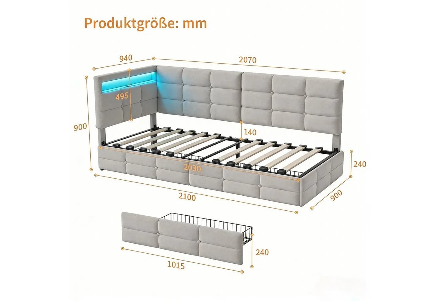 Gdood Polsterbett mit LED und Schubladen Beige - Bild 3