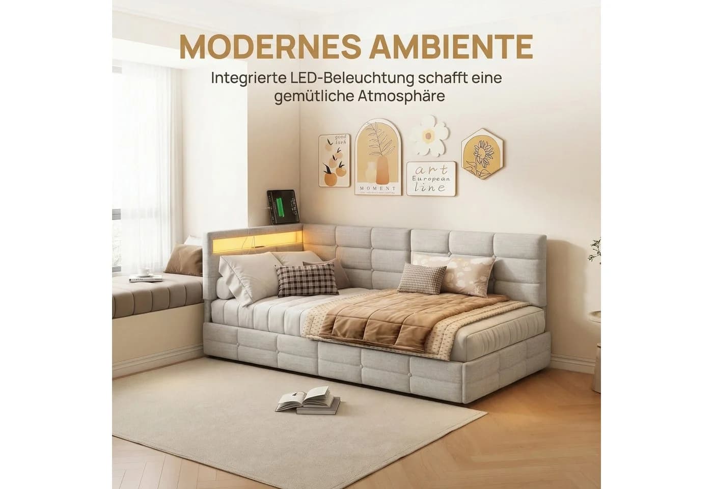 Gdood Polsterbett mit LED und Schubladen Beige - Bild 5