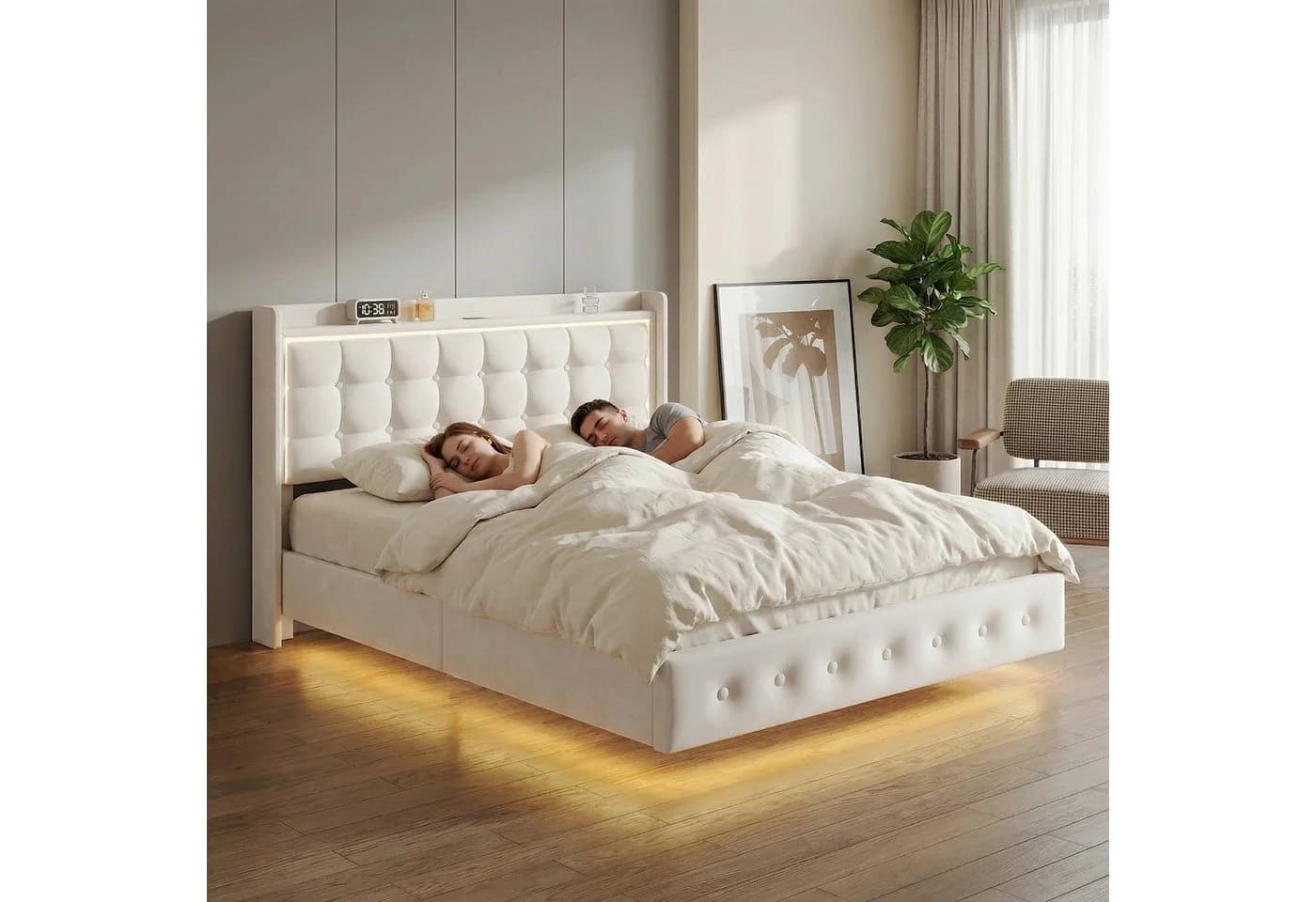 Furnishings Home Polsterbett mit LED-Beleuchtung Beige Samt