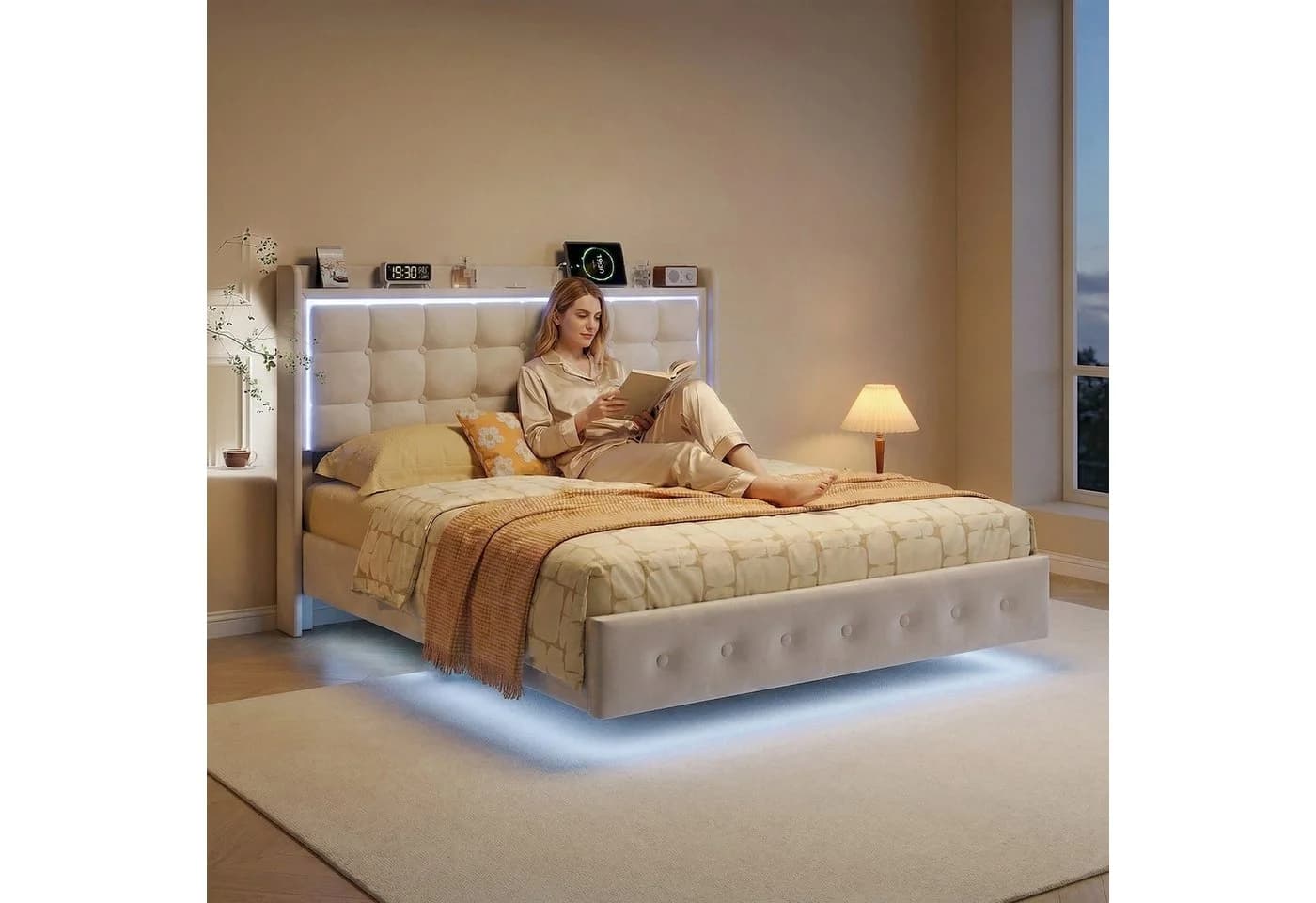 Furnishings Home Polsterbett mit LED-Beleuchtung Beige Samt - Bild 3
