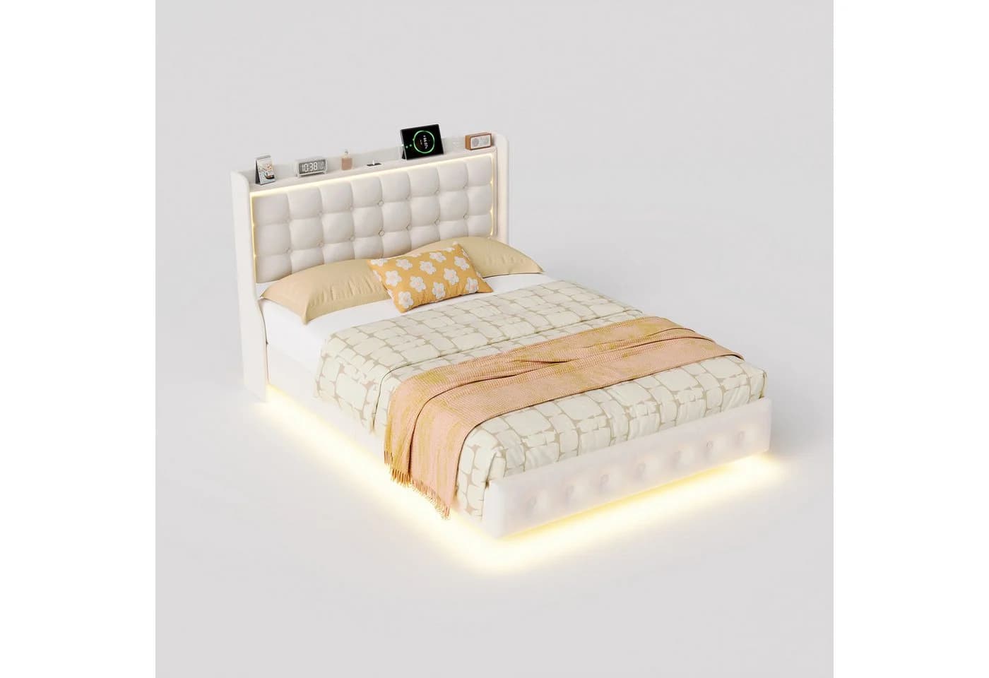 Furnishings Home Polsterbett mit LED-Beleuchtung Beige Samt - Bild 4