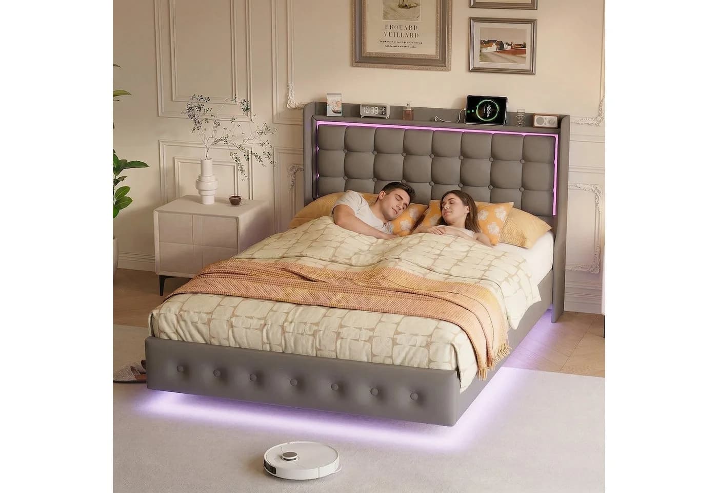 Furnishings Home Polsterbett mit LED-Beleuchtung und Samtbezug Grau