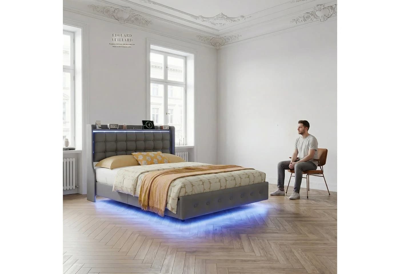 Furnishings Home Polsterbett mit LED-Beleuchtung Grau Samt - Bild 3