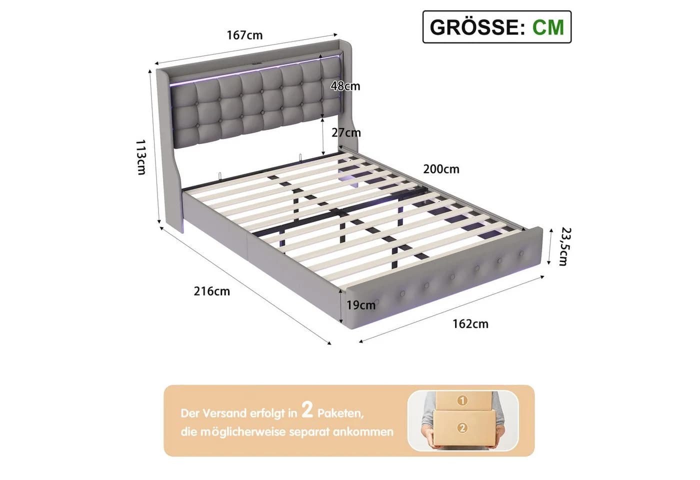 Furnishings Home Polsterbett mit LED-Beleuchtung Grau Samt - Bild 5