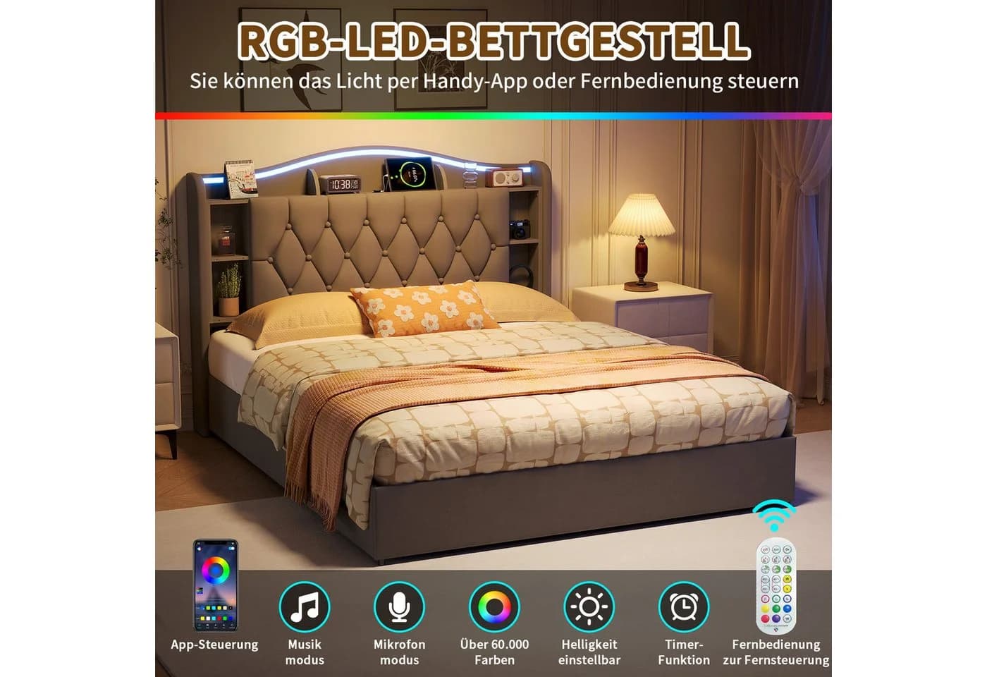 Gdood Stauraumbett Polsterbett Grau mit LED-Beleuchtung - Bild 4