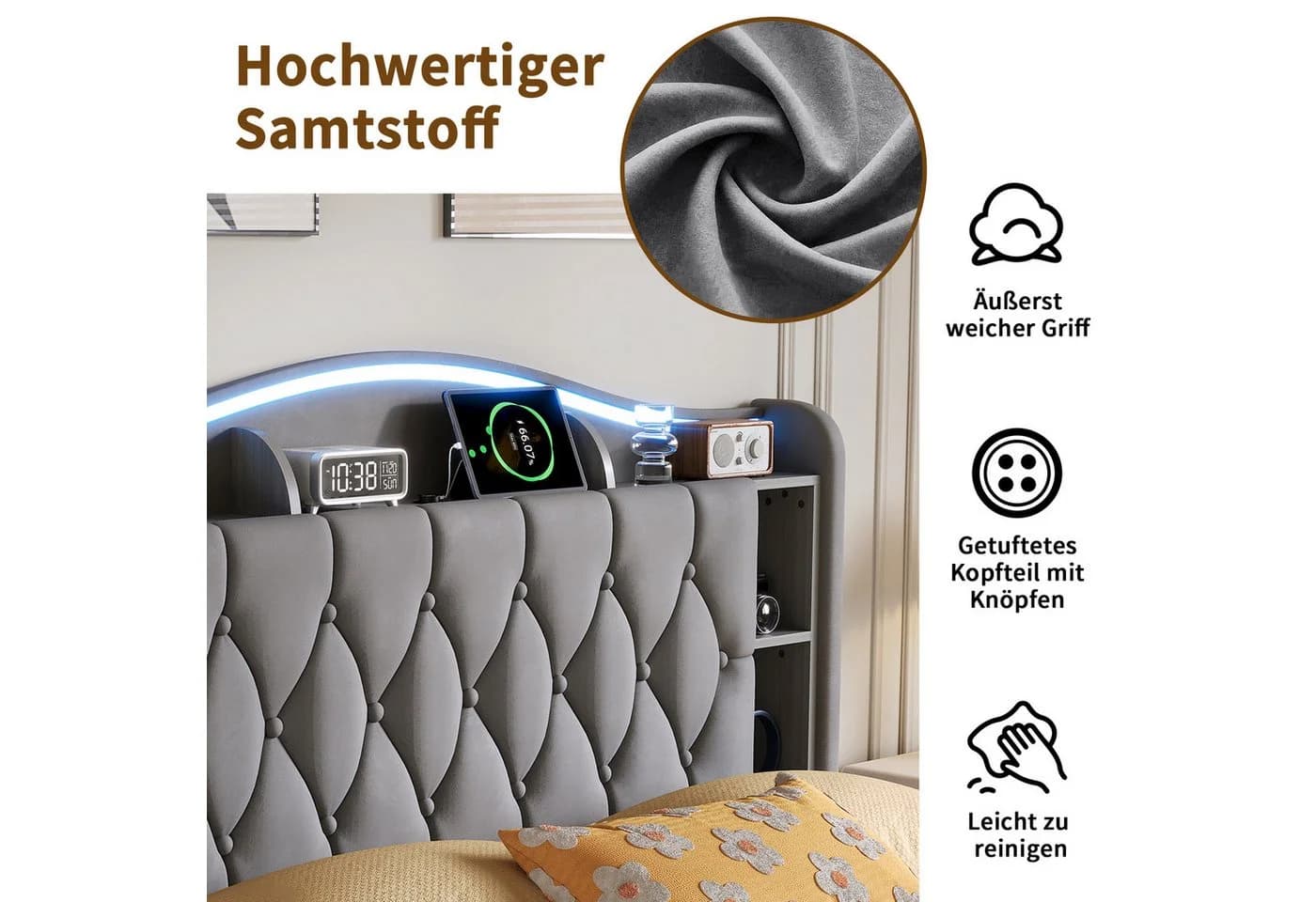 Gdood Stauraumbett Polsterbett Grau mit LED-Beleuchtung - Bild 5