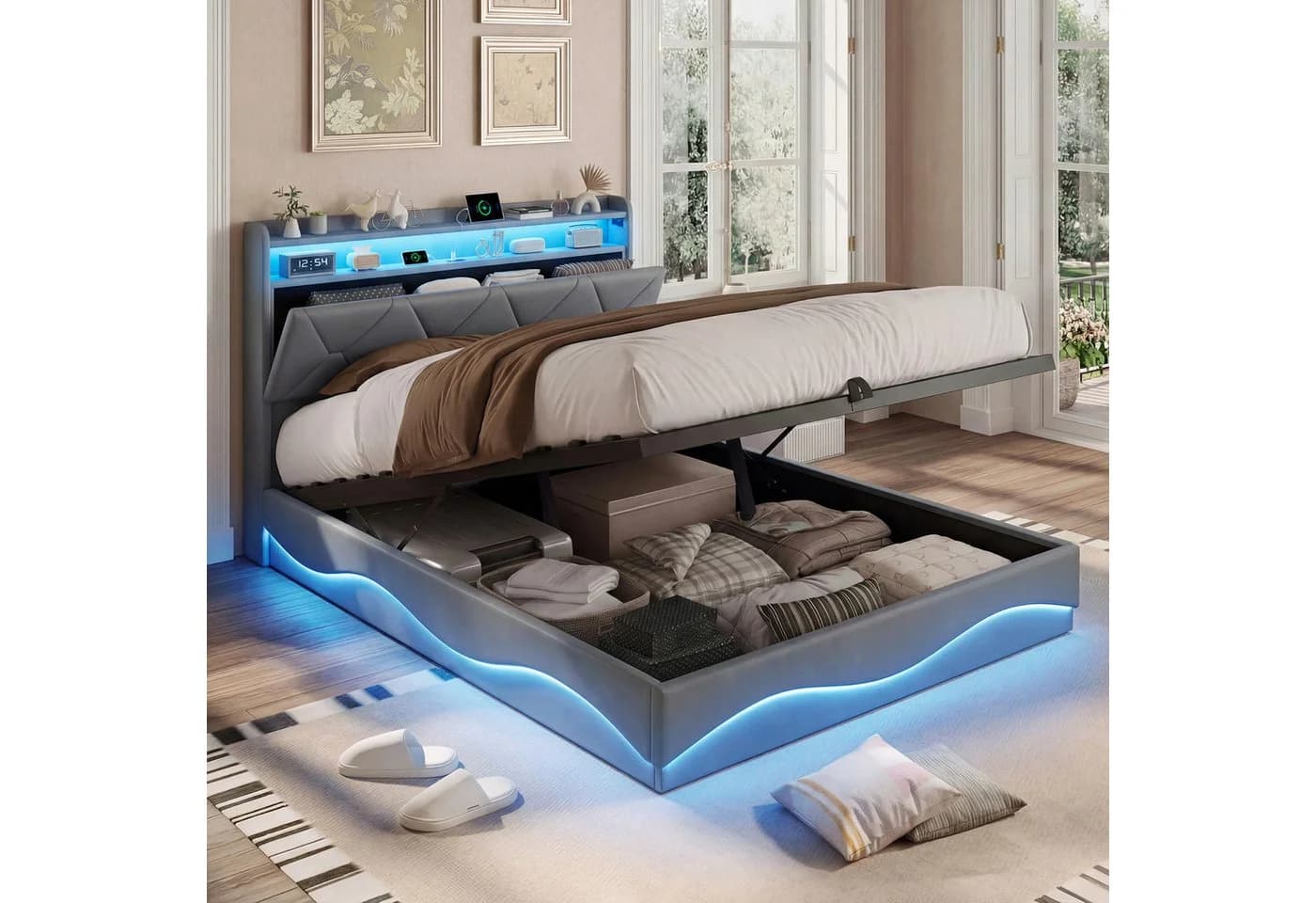 Furnishings Home LED Polsterbett Grau Samt Stauraum - Bild 2
