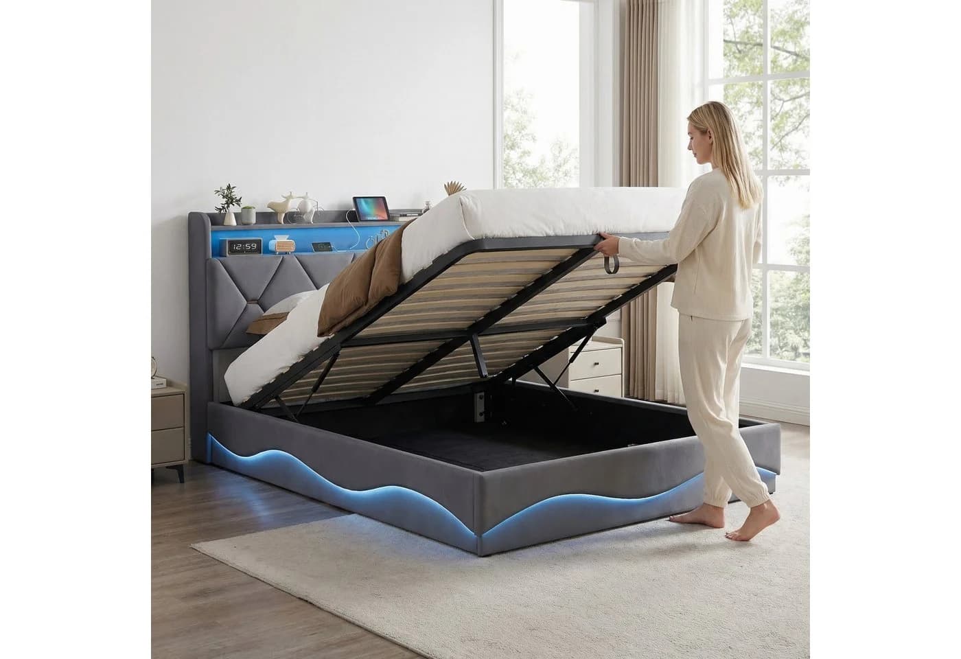Furnishings Home LED Polsterbett Grau Samt Stauraum - Bild 4