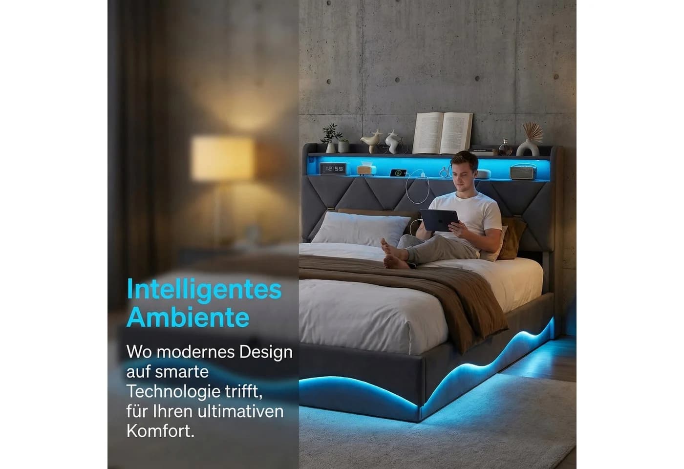 Furnishings Home LED Polsterbett Grau Samt Stauraum - Bild 5