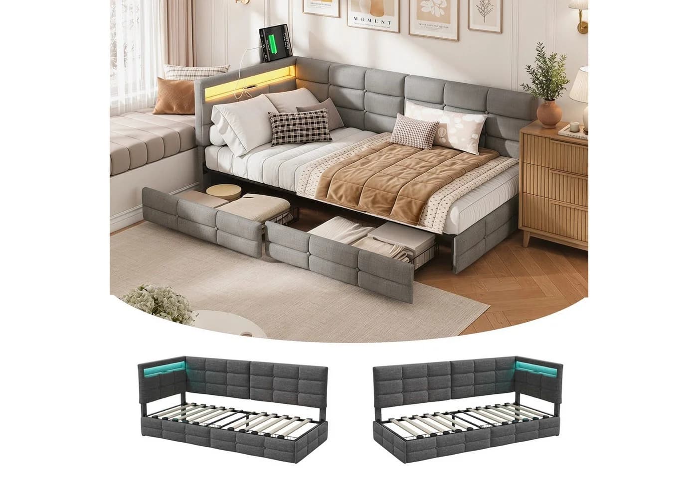 Furnishings Home LED Polsterbett 90x200 Grau mit Stauraum - Bild 2