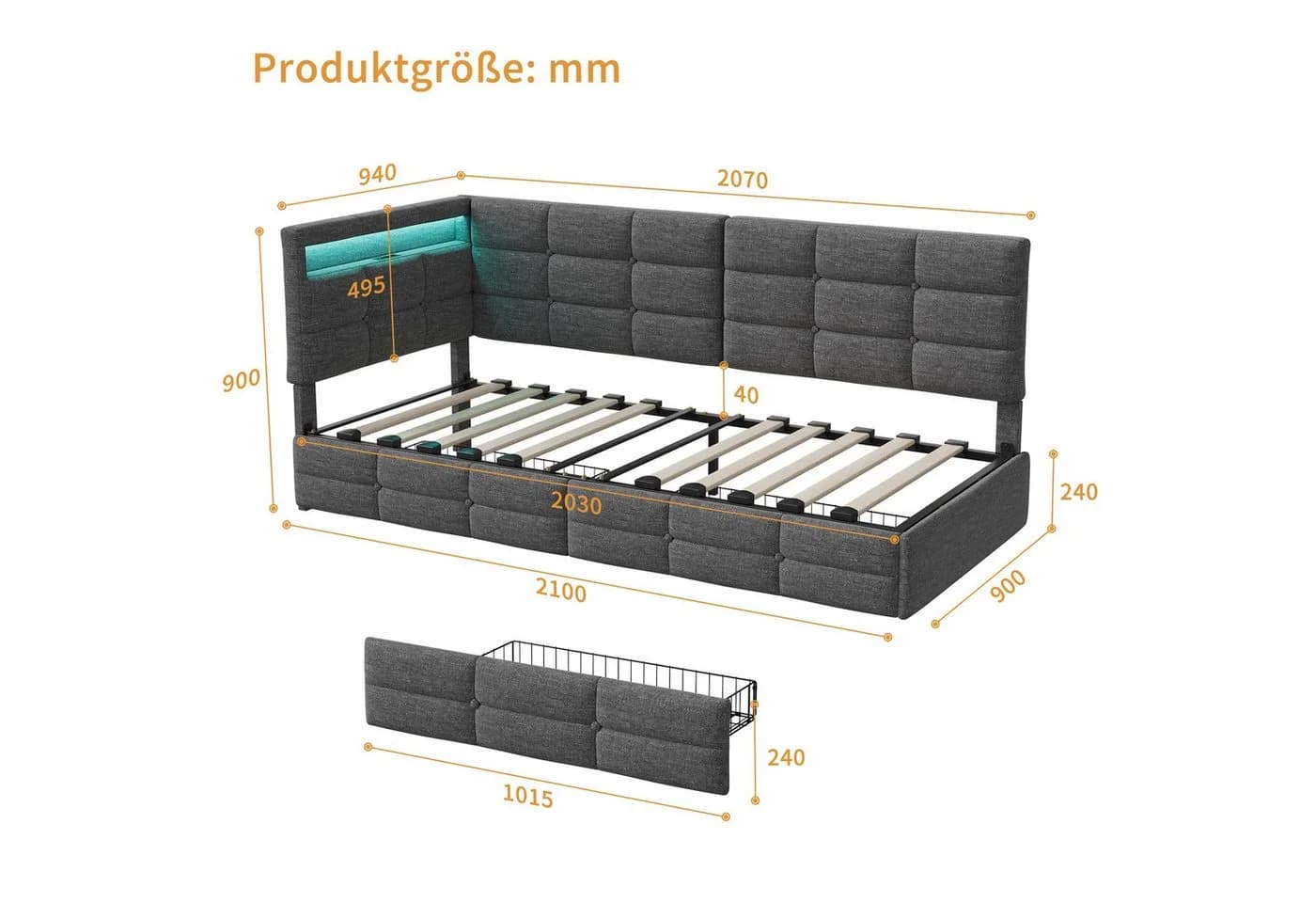 Furnishings Home LED Polsterbett 90x200 Grau mit Stauraum - Bild 3