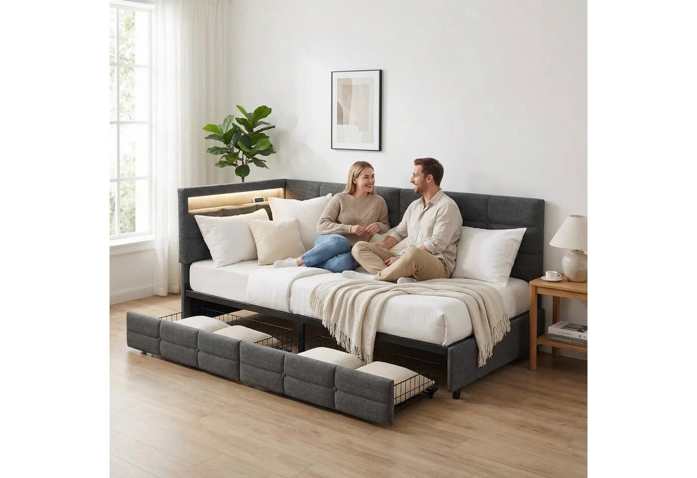 Furnishings Home LED Polsterbett 90x200 Grau mit Stauraum - Bild 4