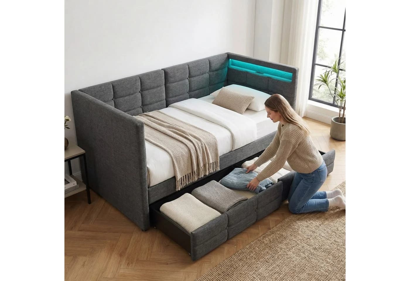 Furnishings Home LED Polsterbett 90x200 Grau mit Stauraum - Bild 5