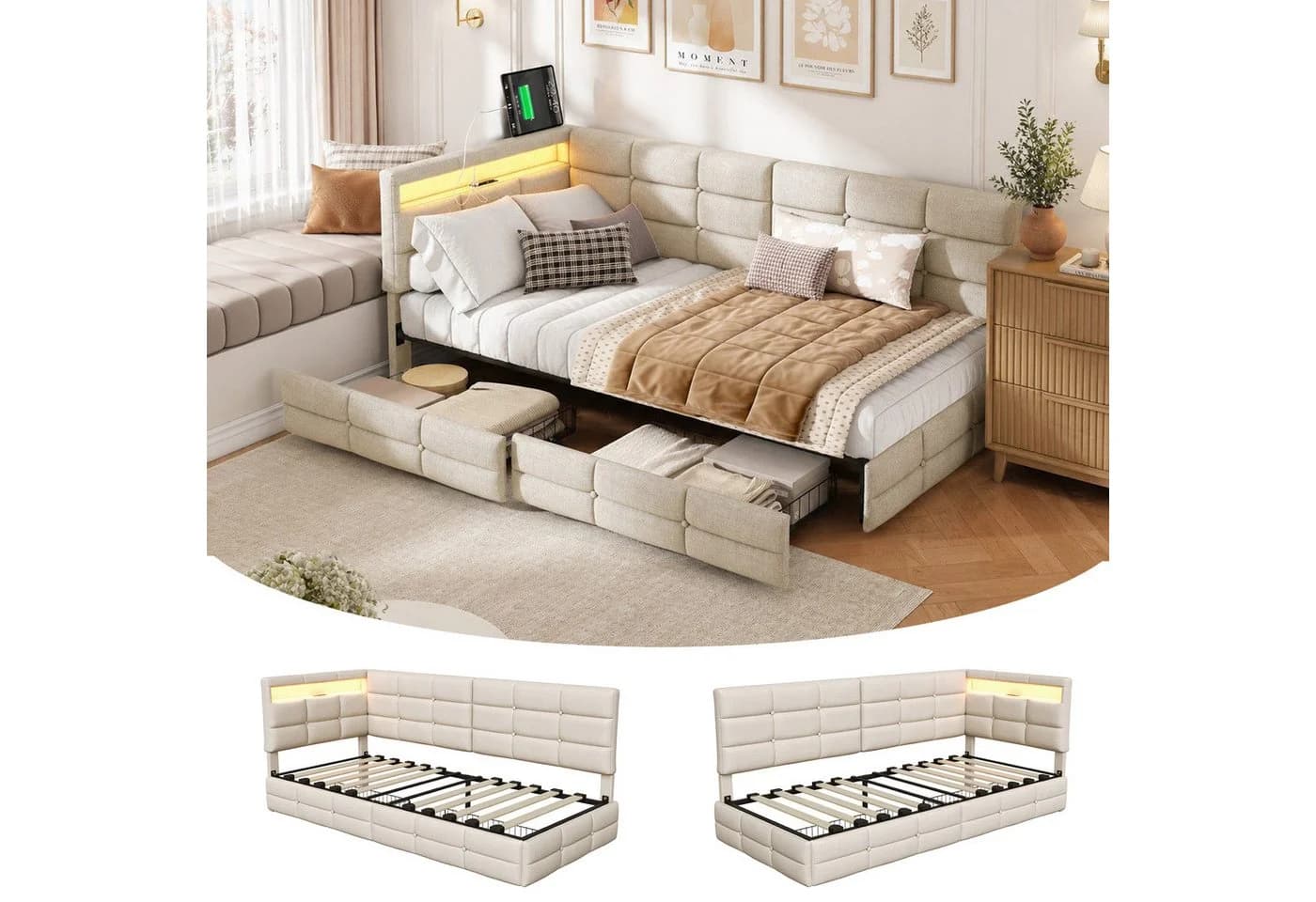 Furnishings Home Polsterbett LED Beige mit Stauraum - Bild 2