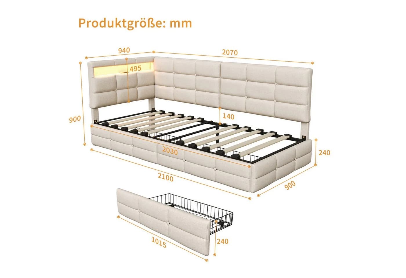 Furnishings Home Polsterbett LED Beige mit Stauraum - Bild 3